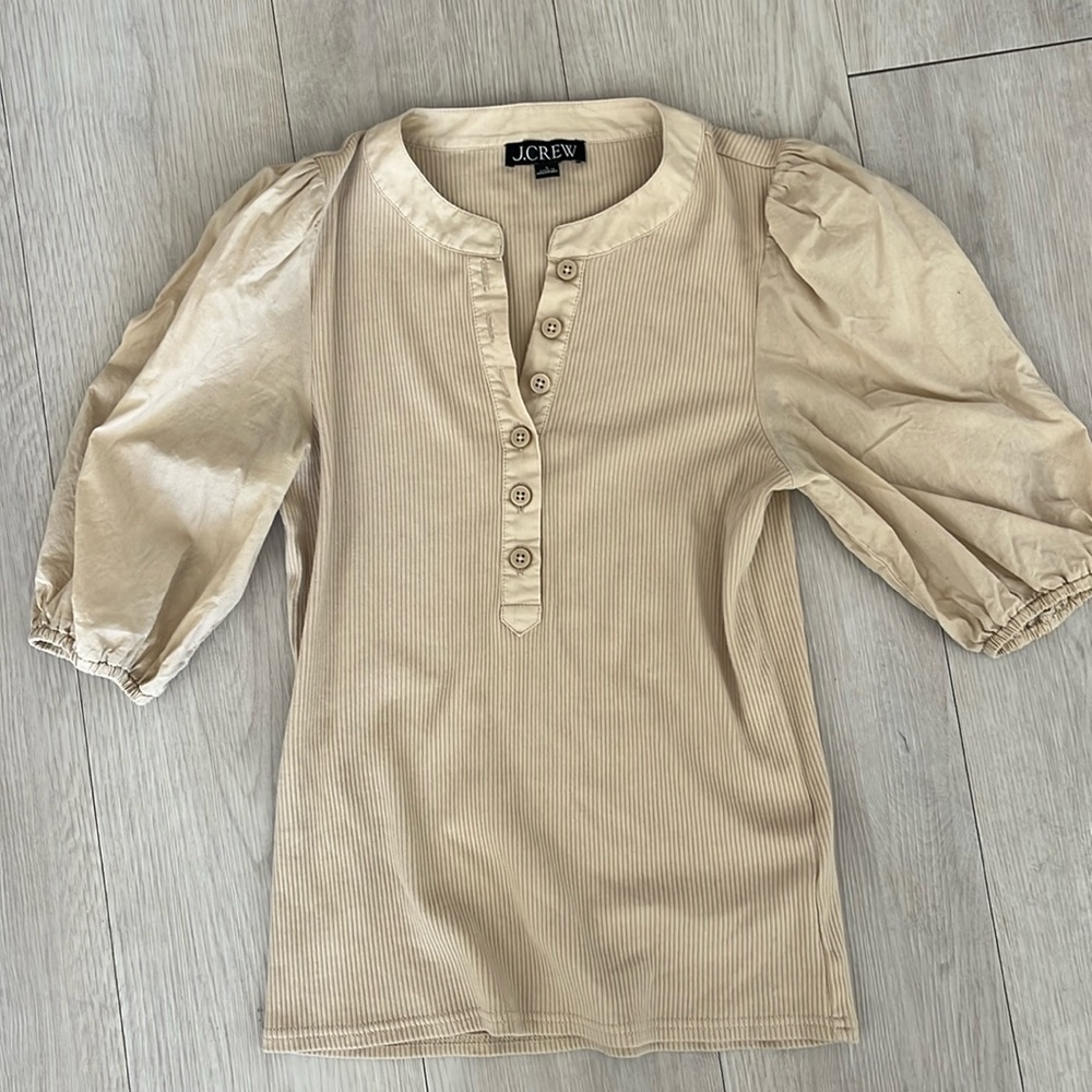 Jcrew Tan shirt with puffy sleeves